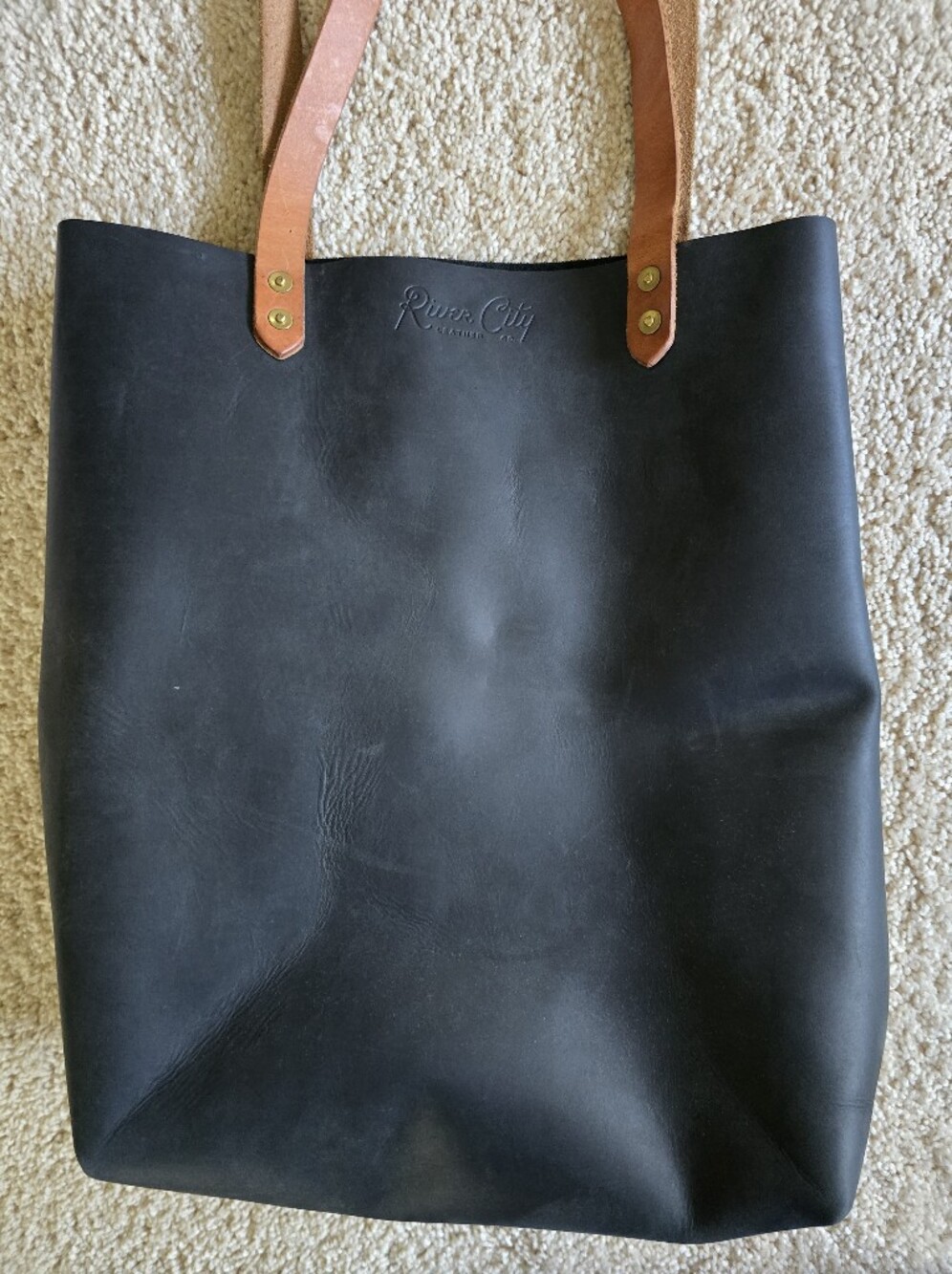 Black Leather Tote with Tan Shoulder Straps by River City Leather